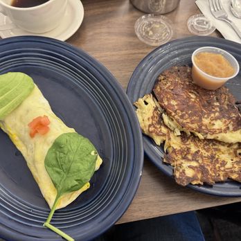 The Old European Restaurant - Bacon Avocade & Spinacj Omelet w/ German Potato Pancakes - Breakfast & Brunch Near Me - Pullman, Washington