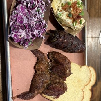 Hurtado Barbecue - Quail,  Texas Twinkies, Baked Potato Salad, and coleslaw - Barbeque Near Me - Arlington, Texas