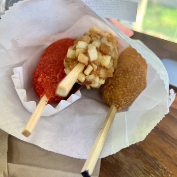Mochinut - 1/2 with hot Cheetos, 1/2 with potatoes, all cheese regular - Coffee & Tea Near Me - San Antonio, Texas