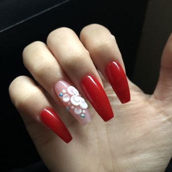 Sola Nails - Red nails with 3D flower - Nail Salons Near Me - Burien, Washington Sola Nails - Red nails with 3D flower - Nail Salons Near Me - Burien, Washington