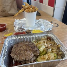 Bowl Bacon Burger with grilled onions, lettuce and pickles