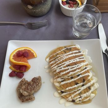 The Chadwick Bed & Breakfast - Ricotta pancakes with sausage and fresh fruit - Bed & Breakfast Near Me - Portland, Maine