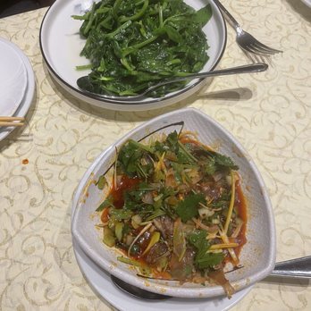 The Mandarin - 蒜蓉大豆苗 Garlic Pea Shoots ($30) and 麻辣牛筋Spicy Beef Tendon ($18) - Chinese Near Me - Menlo Park, California