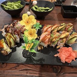 Dragon and Godzilla roll.  Edamame with shrimp habachi.