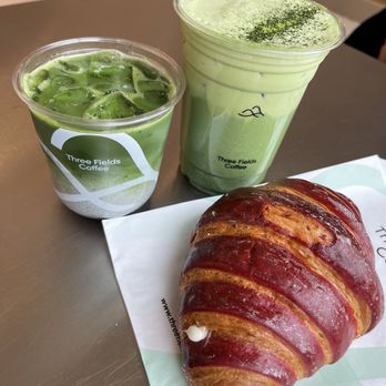 Three Fields Coffee - Left to right: Kurogoma Matcha (black sesame), Double Matcha. And a Guava Croissant - Coffee & Tea Near Me - Alhambra, California