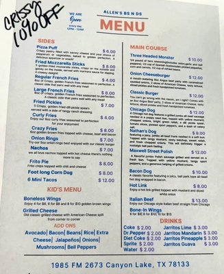 Menu photo 2 Allen’s B’s N D’s Canyon Lake, TX Menu photo 2 Allen’s B’s N D’s Canyon Lake, TX
