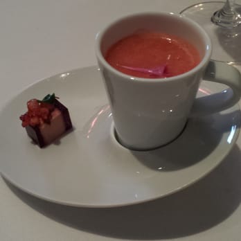 Chez TJ - Strawberry veloute - yummy and refreshing, tastes like a gazpacho paired with a tiny piece of foie mousse - French Near Me - Mountain View, California
