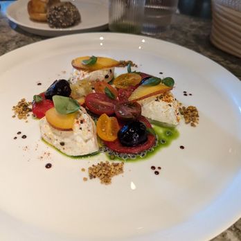 Le Jardinier - BURRATA, MARINATED CHERRY TOMATOES, STONE FRUIT, BEE POLLEN, BASIL - French Near Me - New York, New York