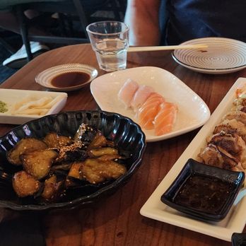 Sushi Roku - Miso Eggplant Dengaku, Salmon and Yellowtail Nigiri, and Wagyu Gyozas - Sushi Bars Near Me - Manhattan Beach, California