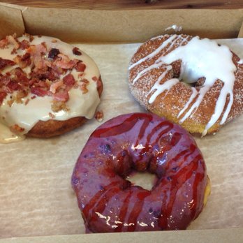 Duck Donuts - Bacon maple, cinnamon sugar vanilla drizzle, blueberry with raspberry drizzle. - Donuts Near Me - Fairfax, Virginia