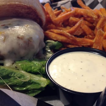 HF Crave - Stuffed pepper jack burger with sweet potato fries - American Near Me - Lincoln, Nebraska