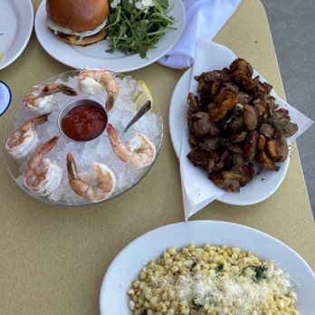 Little Dom's Seafood - Creole boil shrimp cocktail, fresh corn with basil and Parmesan, Potatoes crispy with garlic, meatball burger! - Pizza Near Me - Carpinteria, California