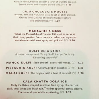 Dishoom - Dessert menu. Unfortunately we were all too full to appreciate. Next time! - Indian Near Me - London, XGL Dishoom - Dessert menu. Unfortunately we were all too full to appreciate. Next time! - Indian Near Me - London, XGL