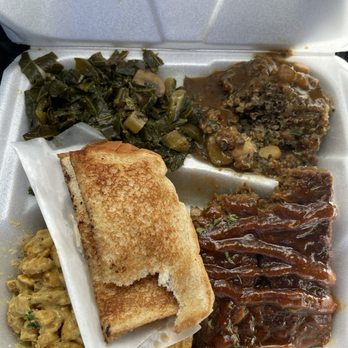 The Vegan Side of Things - Trash rib plate with collard greens, mac n cheese, quinoa and chickpeas. - Vegan Near Me - McDonough, Georgia The Vegan Side of Things - Trash rib plate with collard greens, mac n cheese, quinoa and chickpeas. - Vegan Near Me - McDonough, Georgia