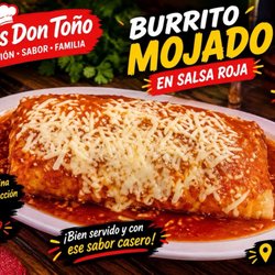 Tacos Don Tono - Burrito mojado bañado en salsa roja y queso derretido