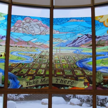 Murray City Library - "Take Me There" centennial Legacy Art Project - Stained Glass Window.  Created by Donna Pence and Paul Heath. - Libraries Near Me - Murray, Utah