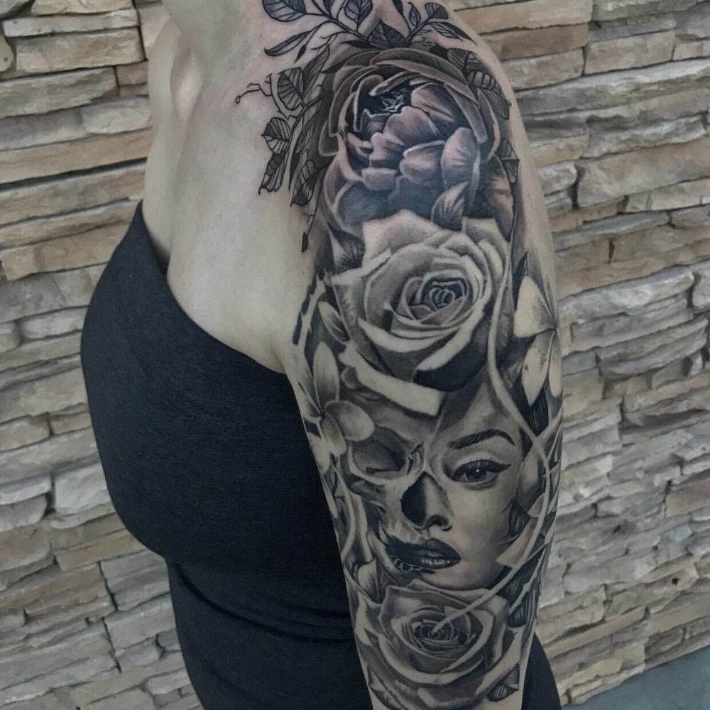 Revolt Tattoos - Added peony and leaves, directly after second session. First session bottom part healed, by BJ. - Tattoo Near Me - Las Vegas, Nevada Revolt Tattoos - Added peony and leaves, directly after second session. First session bottom part healed, by BJ. - Tattoo Near Me - Las Vegas, Nevada
