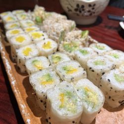 Sada Sushi & Izakaya - Edamame, and rolls with soypaper: mango avocado, kappa, shinko & healthy roll (brown rice, avocado, cucumber asparagus, sweet potato).