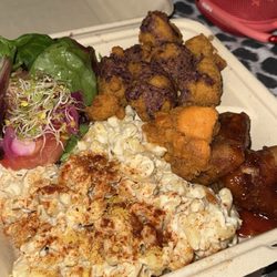 Nana’s Rooted - Bbq jackfruit, mac n cheez, salad, sweet potatoes and hush puppies