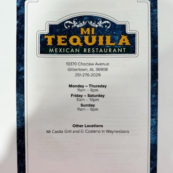 Mi Tequila - Front of menu, hours, address and phone number - Mexican Near Me - Gilbertown, Alabama Mi Tequila - Front of menu, hours, address and phone number - Mexican Near Me - Gilbertown, Alabama