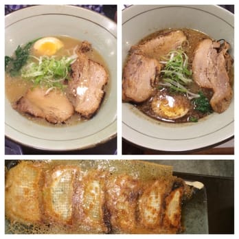 Menya Sandaime - Upper left: tonkasu ramen, upper right: black ramen w extra pork.  Bottom: gyoza.  Delicious! - Ramen Near Me - Fort Lee, New Jersey