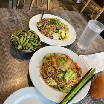 My Vegan - Vegetable fried rice and chicken, chow mein, and edamame. - Thai Near Me - Pasadena, California