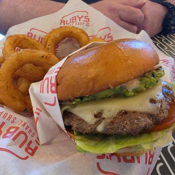 Ruby's Shake Shop - Guacamole burger with onion rings - Burgers Near Me - Henderson, Nevada Ruby's Shake Shop - Guacamole burger with onion rings - Burgers Near Me - Henderson, Nevada