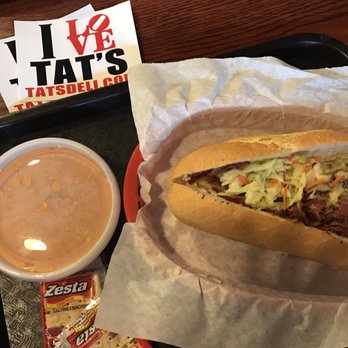 Tat's Delicatessen - Half Tatstrami (split whole sandwich with co-worker) with cup of Tomato Bacon Soup. Around $12. Free stickers. - Delis Near Me - Seattle, Washington Tat's Delicatessen - Half Tatstrami (split whole sandwich with co-worker) with cup of Tomato Bacon Soup. Around $12. Free stickers. - Delis Near Me - Seattle, Washington