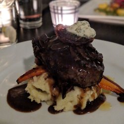 The Dish Cafe - 8oz. AAA beef sirloin, roasted garlic mashed potato, roasted root vegetables, mushroom red wine jus, herb butter