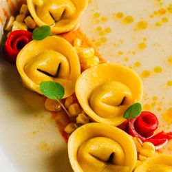 Allora - TORTELLINI EN BRODO - Branzino, scallop, fermented corn, Jimmy Nardello peppers.