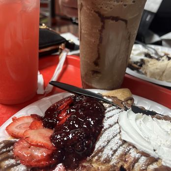 Las Vegas Crepe - Nutella crêpe with mixed fruit with strawberries, Italian, strawberry soda ,mocha Frappuccino and a Oreo crepe - Creperies Near Me - Las Vegas, Nevada Las Vegas Crepe - Nutella crêpe with mixed fruit with strawberries, Italian, strawberry soda ,mocha Frappuccino and a Oreo crepe - Creperies Near Me - Las Vegas, Nevada