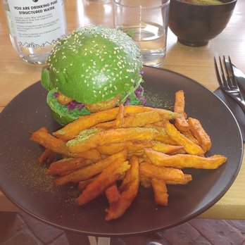 Matcha Mylkbar - The soy chicken burger with sweet potatoes fries. It conjures the image from the movie soylent green. - Vegan Near Me - Saint Kilda, VIC Matcha Mylkbar - The soy chicken burger with sweet potatoes fries. It conjures the image from the movie soylent green. - Vegan Near Me - Saint Kilda, VIC