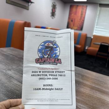 Captain La Fish Chicken And More - Menu cover / clean decor - Seafood Near Me - Arlington, Texas