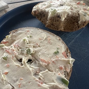 Old Town Bagel - My version at home, veggie cream cheese on whole wheat, not toasted since freshly sliced - Bagels Near Me - Swedesboro, New Jersey Old Town Bagel - My version at home, veggie cream cheese on whole wheat, not toasted since freshly sliced - Bagels Near Me - Swedesboro, New Jersey