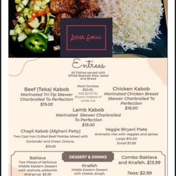 Menu - Menu from Arya Grill in Tracy, CA, displaying a selection of entrees including beef, chicken, and lamb kabobs, with descriptions such as marinated skewers and charbroiled preparations. The menu also features salads, a veggie biryani plate, and Middle Eastern desserts like baklava and knafeh, with prices listed for each item. The layout includes a section for desserts and drinks, with options for combo meals and beverages. The menu emphasizes dishes served with rice, salad, and bread.
