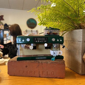 Java Central Cafe and Roaster - dupe lego coffee machine - A detailed miniature coffee machine model is positioned on a brick on a wooden table. The model features various controls and components, mimicking a real coffee machine. A large fern plant in a concrete planter is situated to the right of the model, adding greenery to the scene. In the background, a person with brown hair is visible, sitting indoors in a casual setting. - Coffee Roasteries Near Me - Westerville, Ohio