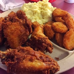 6 buffalo wings and two sides - potato salad and fried squash 6 buffalo wings and two sides - potato salad and fried squash