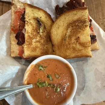 Bacon Boise - Bacon & Brie Panini with creamy tomato basil soup - Breakfast & Brunch Near Me - Boise, Idaho Bacon Boise - Bacon & Brie Panini with creamy tomato basil soup - Breakfast & Brunch Near Me - Boise, Idaho