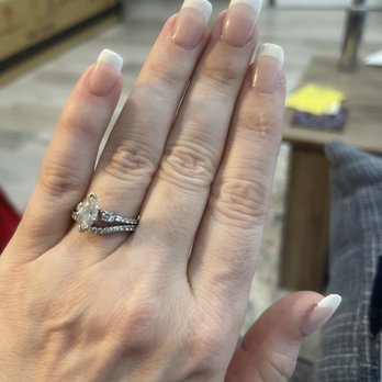 Aria Nail Lounge - Left hand with full acrylic set done "French" with gel polish. - Nail Salons Near Me - Pasadena, California