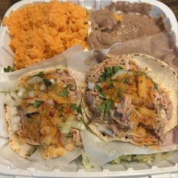 Super Taco - Shredded chicken tacos with beans and rice no cheese