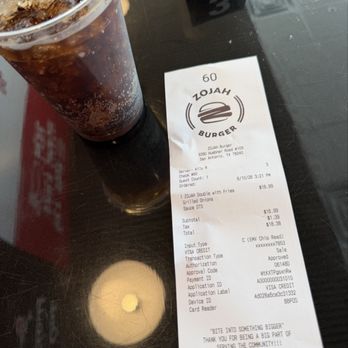 ZOJAH Burger - Here's my invoice with my complimentary drink ;) - Burgers Near Me - San Antonio, Texas ZOJAH Burger - Here's my invoice with my complimentary drink ;) - Burgers Near Me - San Antonio, Texas