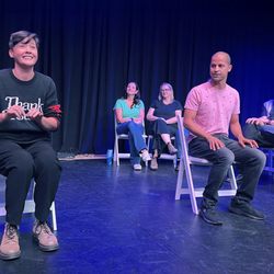 Shana Sharp and Jesse Conway of the Ventura Improv Company perform in a show at NAMBA Arts.