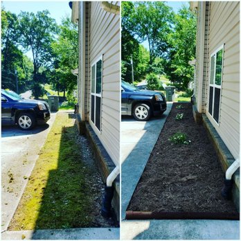 Pro Series Lawn Care - Before and after of a cleanup. We removed the weeds and old soil, added hardwood mulch with metal edging and a few nice shrubs. - Lawn Services Near Me Pro Series Lawn Care - Before and after of a cleanup. We removed the weeds and old soil, added hardwood mulch with metal edging and a few nice shrubs. - Lawn Services Near Me