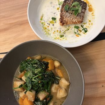 The Speckled Pear - Main courses: Gnocchi and fish of the day (striped bass) - Specialty Food Near Me - Fort Mill, South Carolina The Speckled Pear - Main courses: Gnocchi and fish of the day (striped bass) - Specialty Food Near Me - Fort Mill, South Carolina