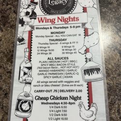 Legacy Sports Bar - Wings night special menu (front side)