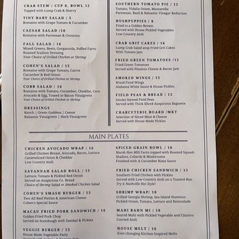 Cohen's Retreat - Menu, 3/18/22 - New American Near Me - Savannah, Georgia Cohen's Retreat - Menu, 3/18/22 - New American Near Me - Savannah, Georgia