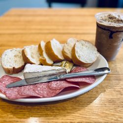 Amore Coffee - Baguette plate with salami and Brie, Kona blended coffee with espresso shot