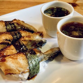 Pisces Sushi - (L) Unagi nigiris, (R) quail egg shooters - Sushi Bars Near Me - Reno, Nevada
