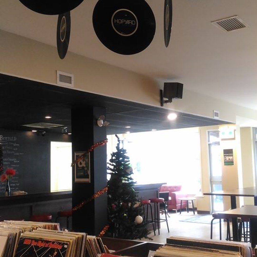Hopyard Beer Bar - vinyl records hanging from the ceiling - Beer Bar Near Me - Halifax, Nova Scotia Hopyard Beer Bar - vinyl records hanging from the ceiling - Beer Bar Near Me - Halifax, Nova Scotia