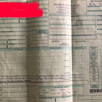Ihling's Tv & Appliances - Two excessive inconsistent bills for same trip/"recommended repair". - Appliances & Repair Near Me - Clinton, New Jersey Ihling's Tv & Appliances - Two excessive inconsistent bills for same trip/"recommended repair". - Appliances & Repair Near Me - Clinton, New Jersey